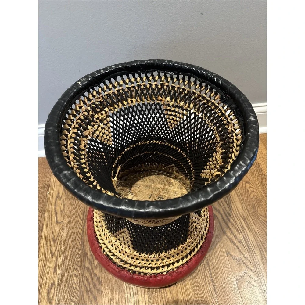 Pier 1 Leather Wicker Rattan BOHO Ottoman Stool Chair